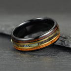 The Horizon – Black & Gold Tungsten Ring With Abalone Shell & Wood (6mm, 8mm)