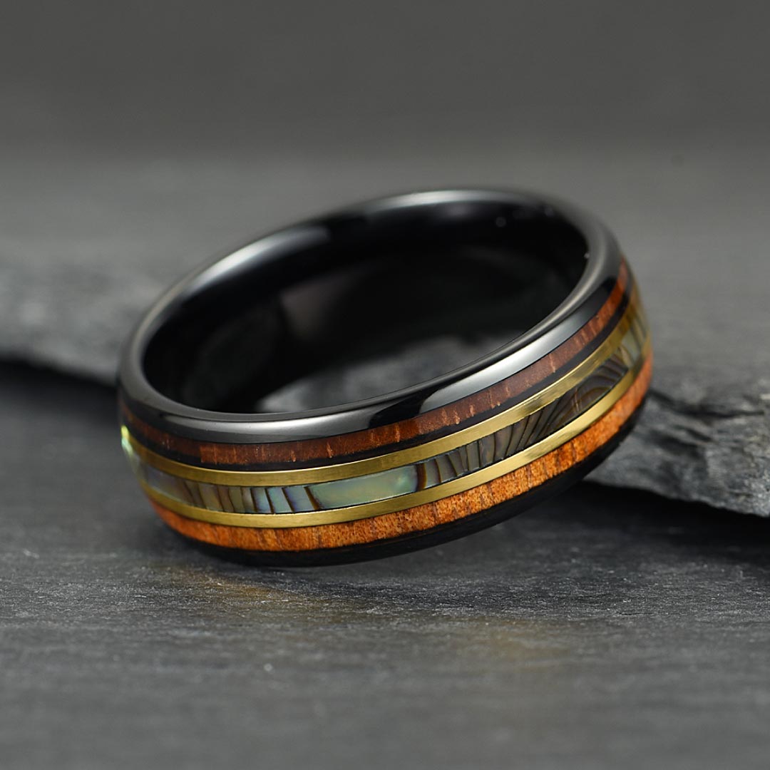 The Horizon – Black & Gold Tungsten Ring With Abalone Shell & Wood (6mm, 8mm)