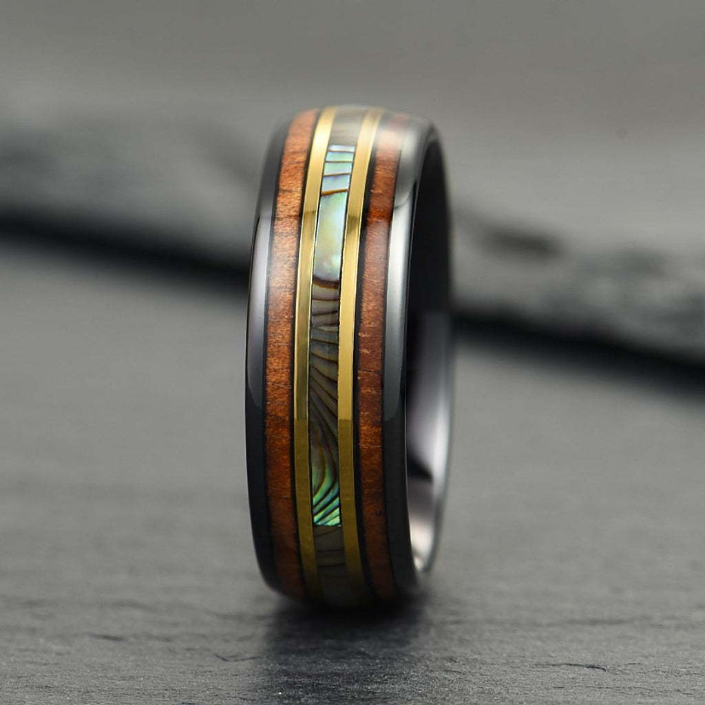 The Horizon – Black & Gold Tungsten Ring With Abalone Shell & Wood (6mm, 8mm)