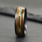 The Horizon – Black & Gold Tungsten Ring With Abalone Shell & Wood (6mm, 8mm)