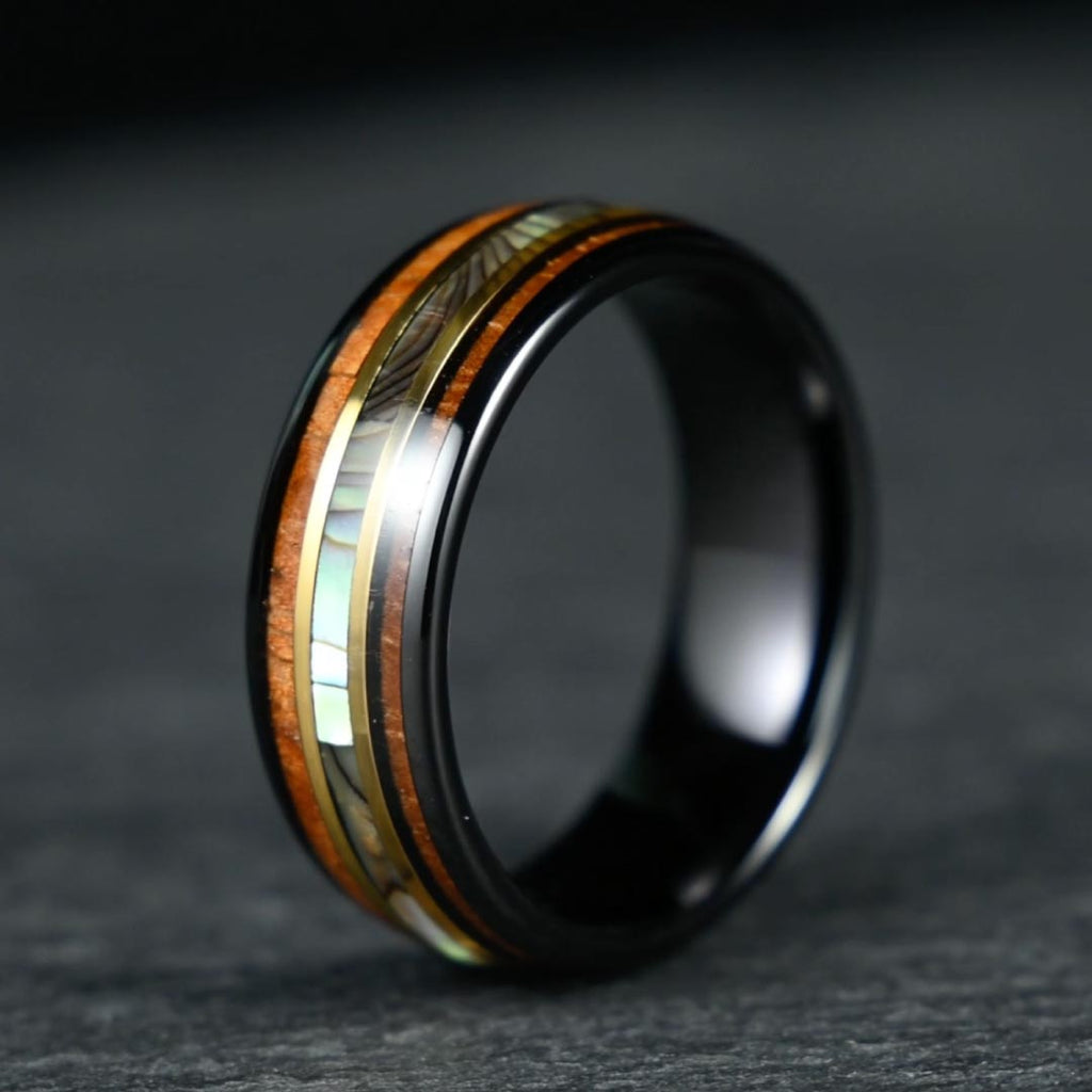 The Horizon – Black & Gold Tungsten Ring With Abalone Shell & Wood (6mm, 8mm)