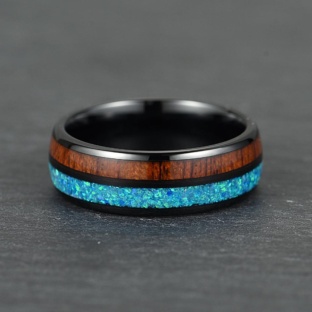 The Cove – Black Tungsten Ring With KOA Wood & Crushed Opal (8mm)
