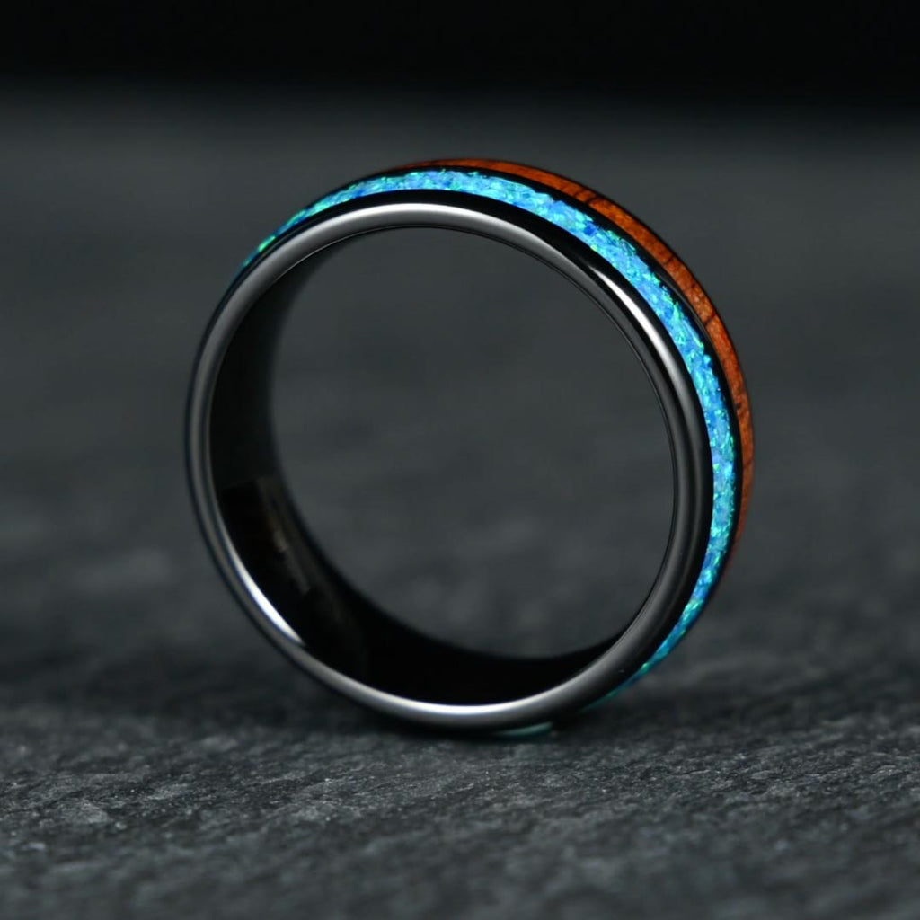 The Cove – Black Tungsten Ring With KOA Wood & Crushed Opal (8mm)