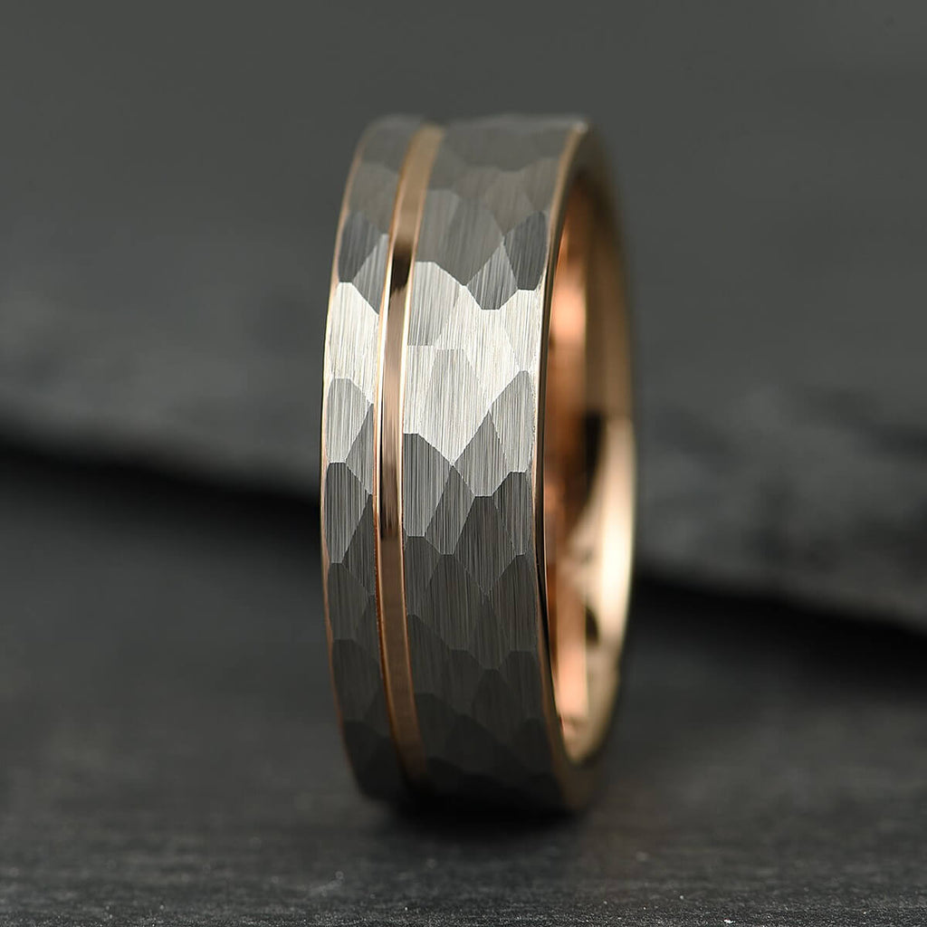 The Accord – Silver Tungsten Ring With Hammered Silver Finish & Rose Gold (6mm, 8mm)