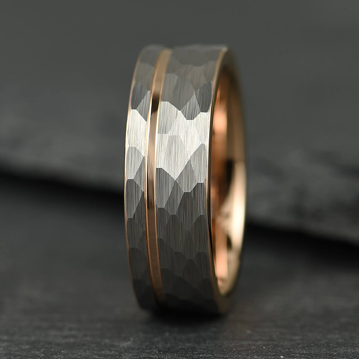The Accord – Hammered Silver Tungsten Ring, Rose Gold Accent