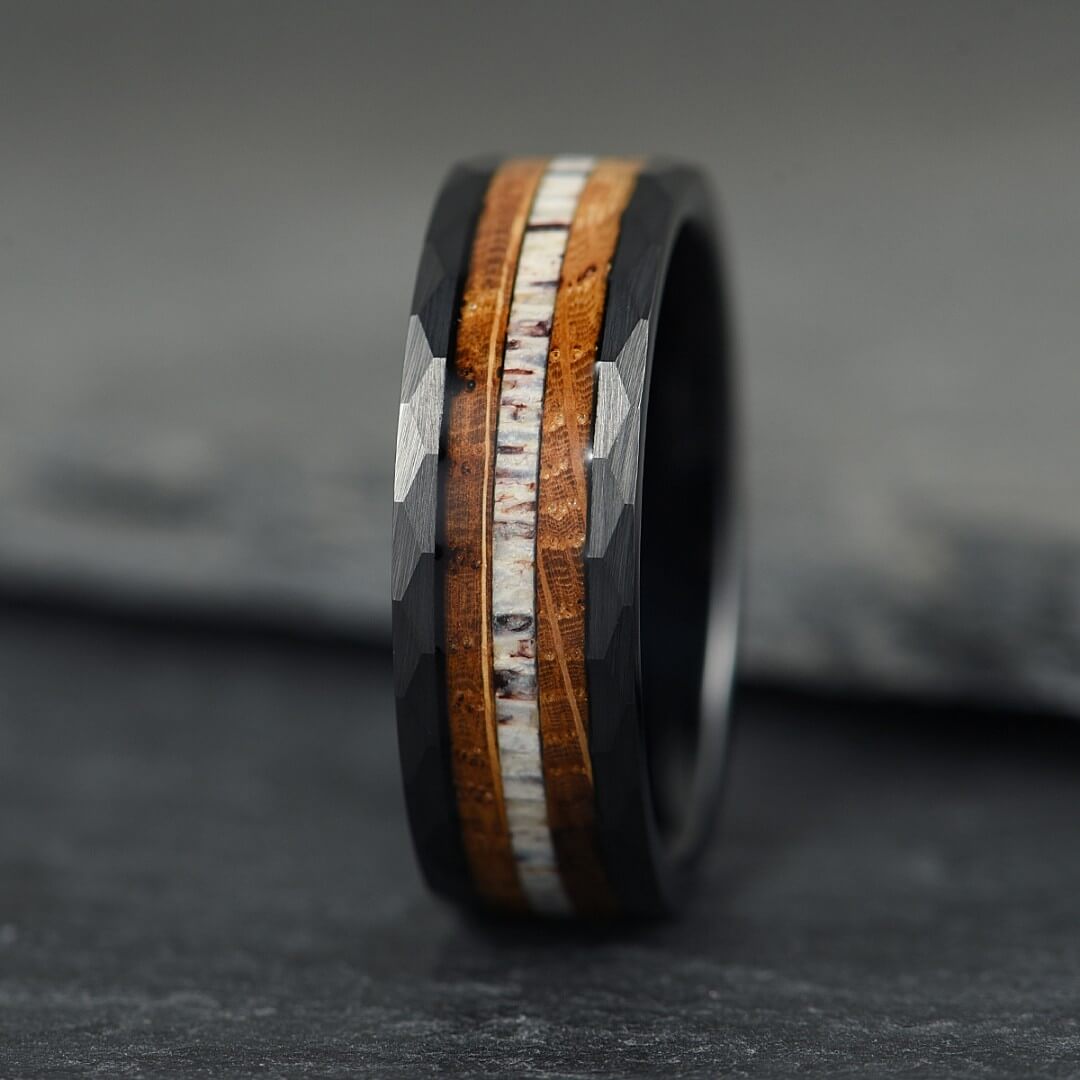 The Cairn – Black Hammered Tungsten Ring, Antler & Burnt Whisky Barrel Inlay