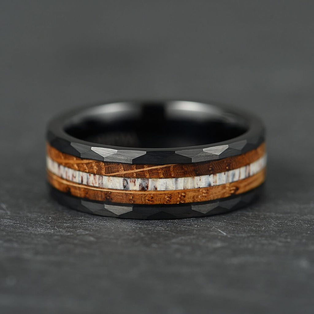 The Cairn – Black Hammered Tungsten Ring With Antler & Burnt Whisky Barrel (8mm)