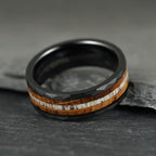 The Cairn – Black Hammered Tungsten Ring With Antler & Burnt Whisky Barrel (8mm)