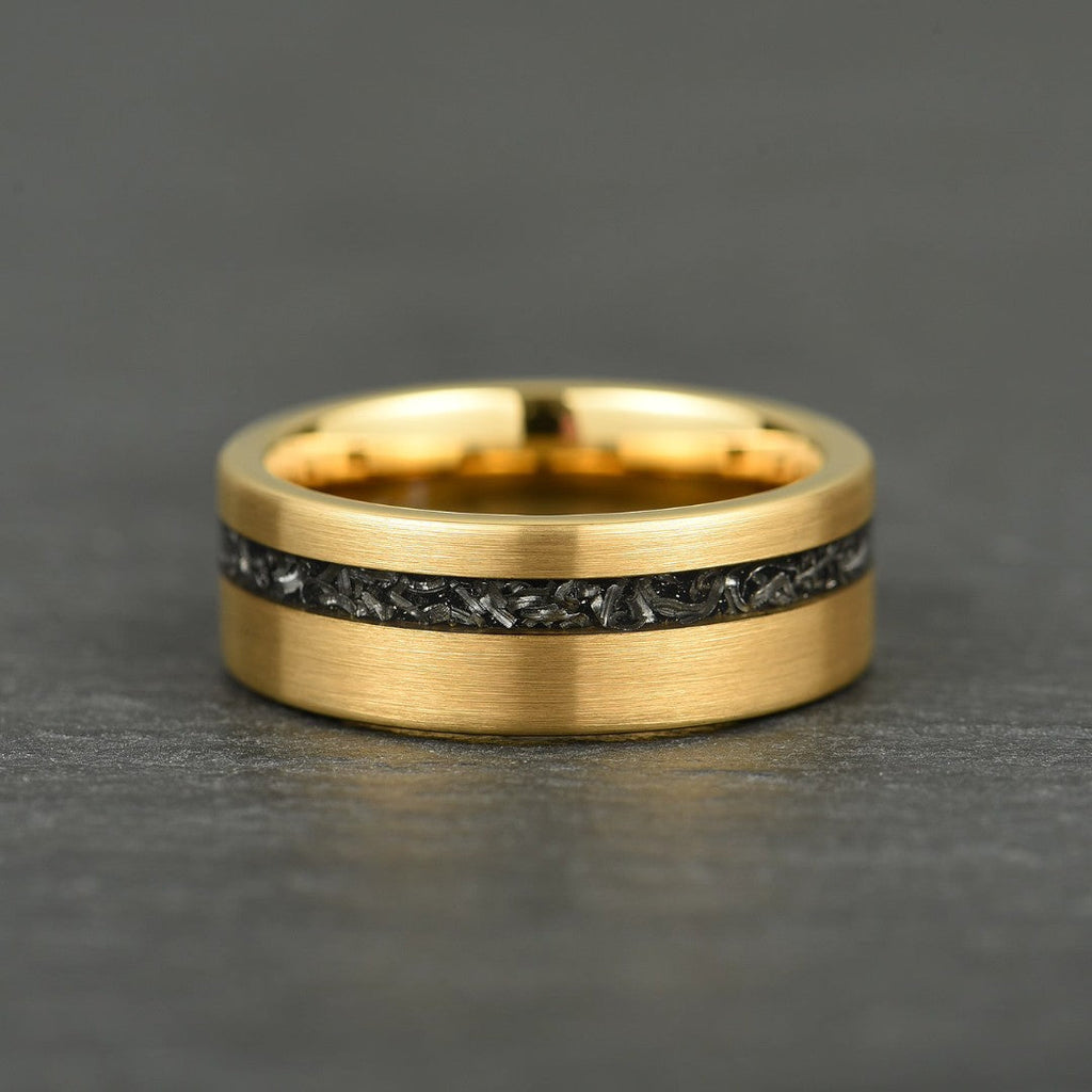 The Eclipse – Yellow Gold Smooth Tungsten Ring With Crushed Meteorite Inlay (8mm)