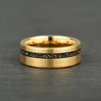 The Eclipse – Yellow Gold Smooth Tungsten Ring With Crushed Meteorite Inlay (8mm)