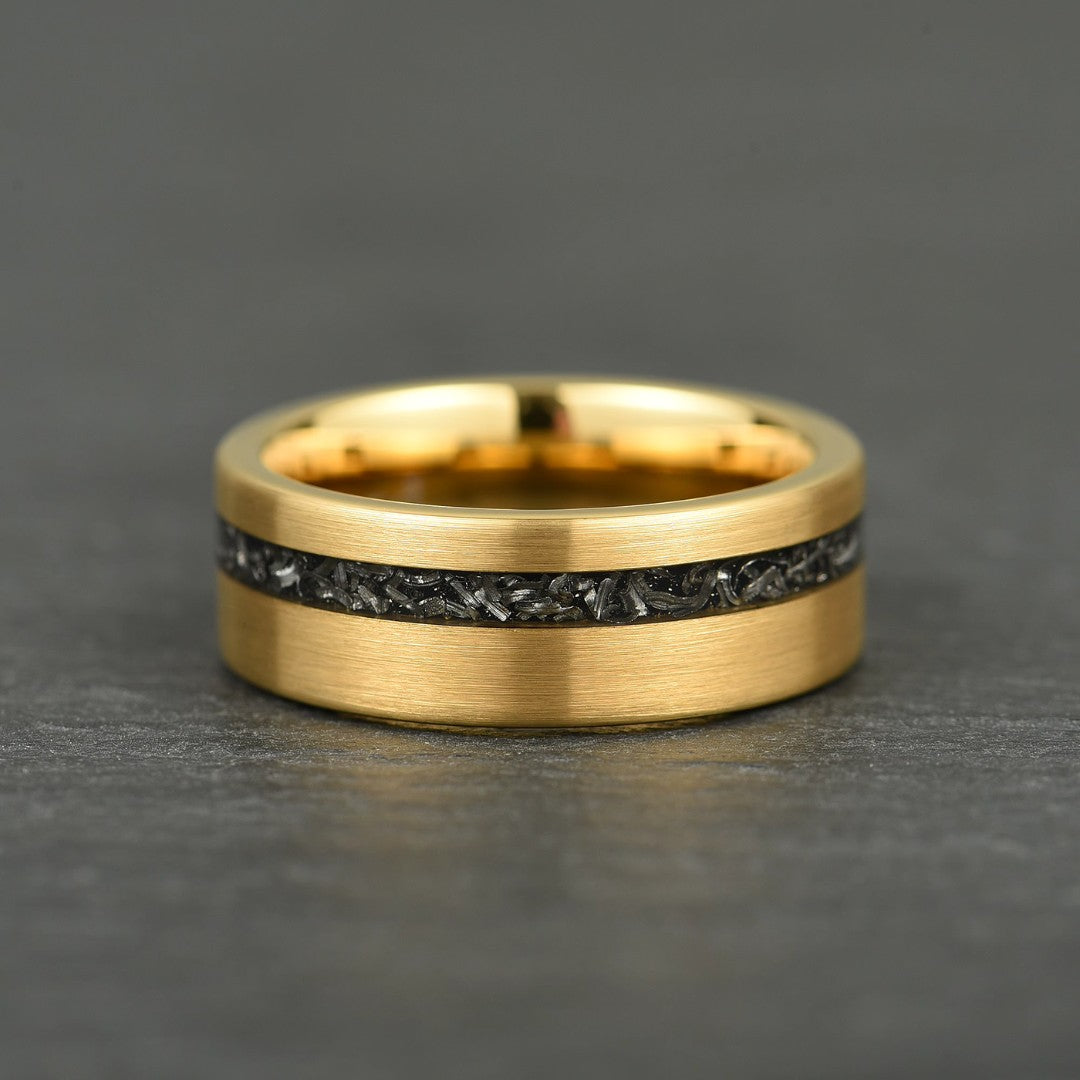 The Eclipse – Yellow Gold Smooth Tungsten Ring With Crushed Meteorite Inlay (8mm)