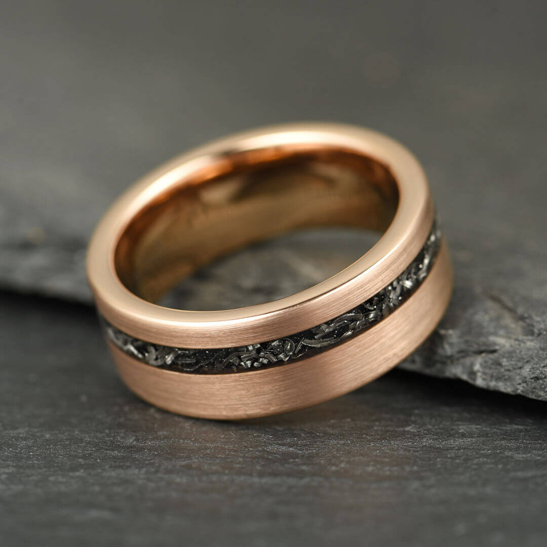 The Eclipse – Rose Gold Smooth Tungsten Ring With Crushed Meteorite Inlay (8mm)
