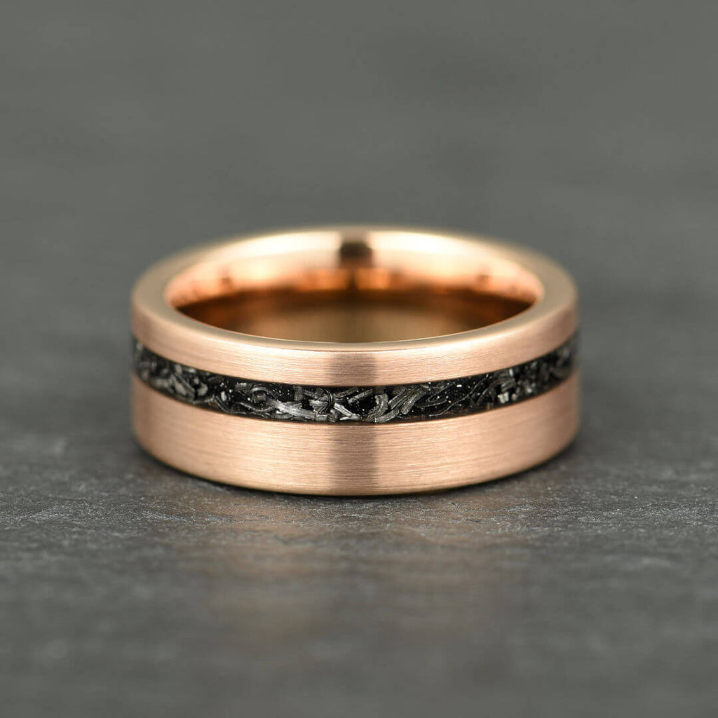 The Eclipse – Rose Gold Smooth Tungsten Ring With Crushed Meteorite Inlay (8mm)