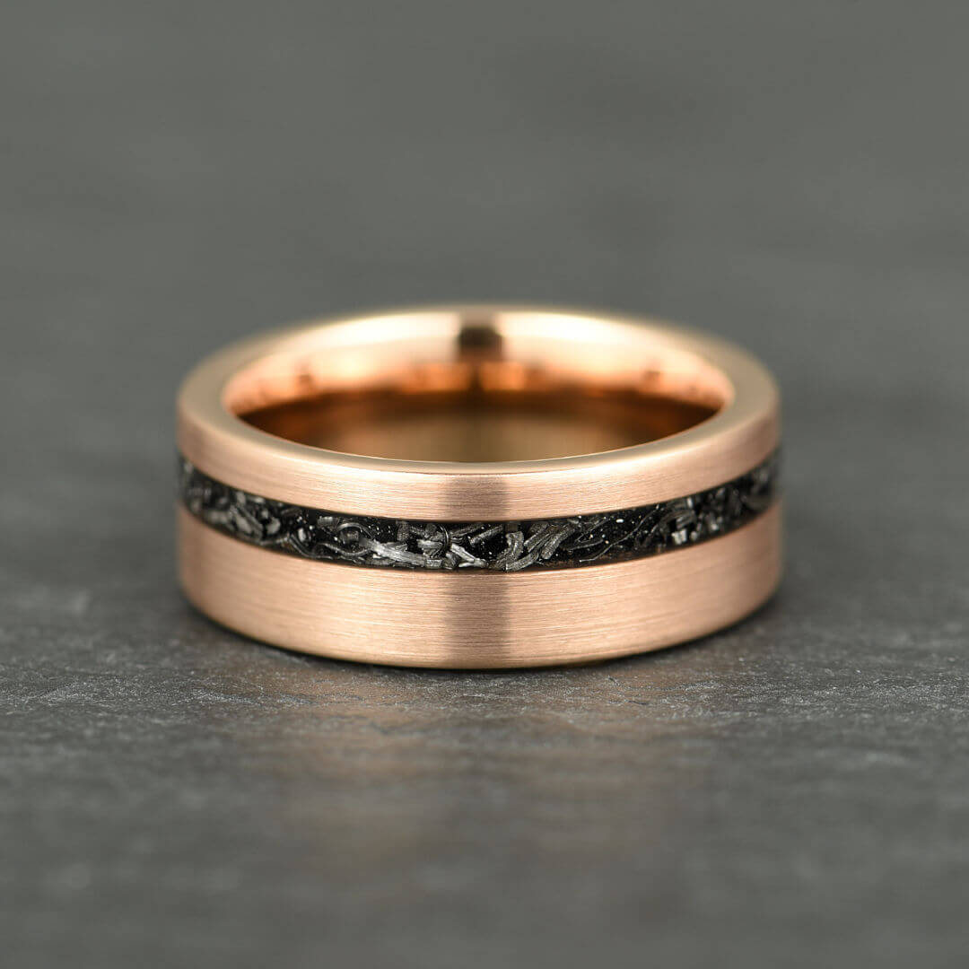 The Eclipse – Rose Gold Smooth Tungsten Ring With Crushed Meteorite Inlay (8mm)