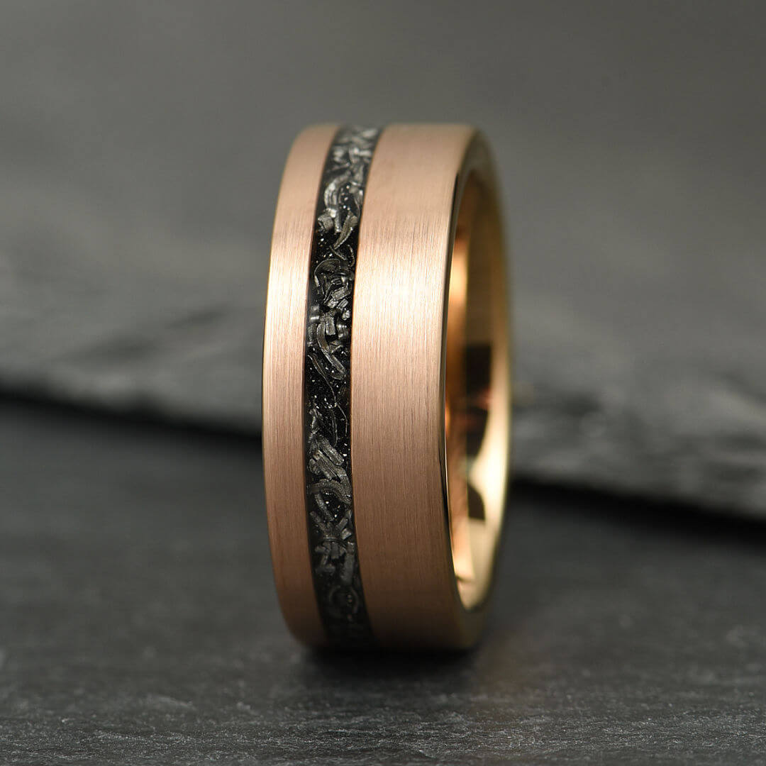 The Eclipse – Rose Gold Smooth Tungsten Ring With Crushed Meteorite Inlay (8mm)