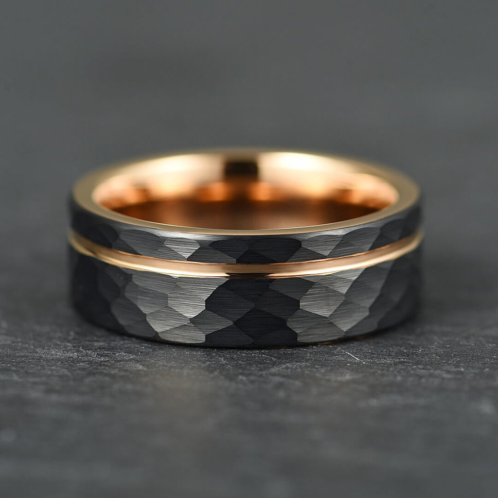 The Mantle – Black Tungsten Ring With Hammered Black Finish & Rose Gold (8mm)