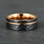 The Mantle – Black Tungsten Ring With Hammered Black Finish & Rose Gold (8mm)