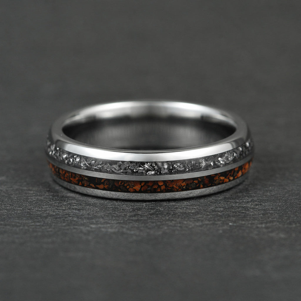 The Relic - Silver Tungsten Ring With Crushed Meteorite & Dinosaur Bone (6mm, 8mm)