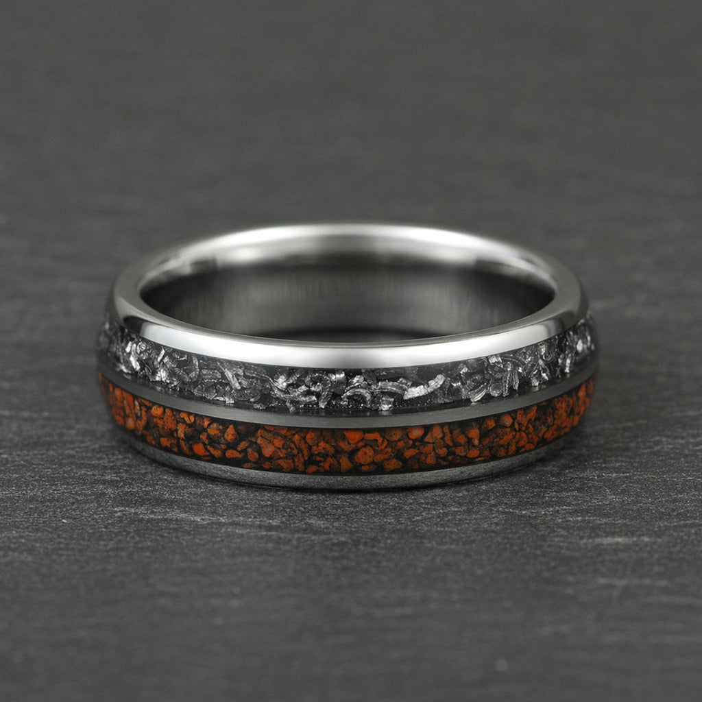 The Relic - Silver Tungsten Ring With Crushed Meteorite & Dinosaur Bone (6mm, 8mm)