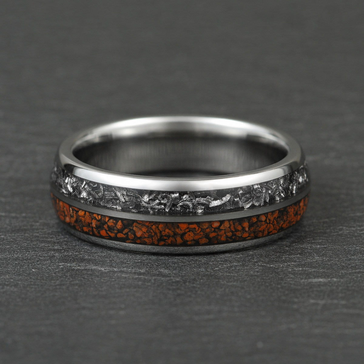 The Relic – Silver Tungsten Ring, Meteorite & Dinosaur Bone Inlay