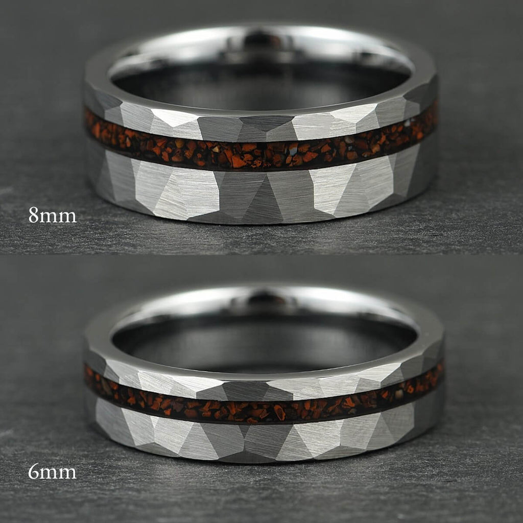 The Tyra – Silver Hammered Tungsten Ring With Crushed Dinosaur Bone (6mm, 8mm)