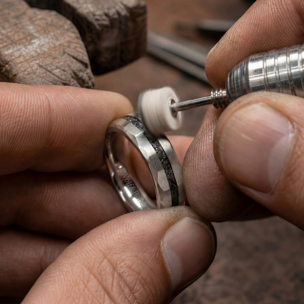 The Astra – Silver Hammered Tungsten Ring With Crushed Meteorite (4mm, 6mm, 8mm)