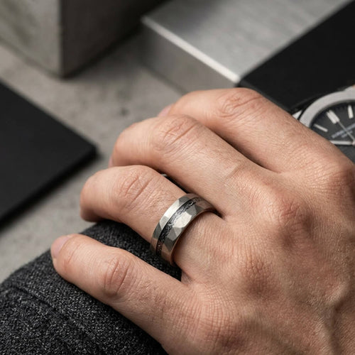 The Astra – Silver Hammered Tungsten Ring With Crushed Meteorite (4mm, 6mm, 8mm)