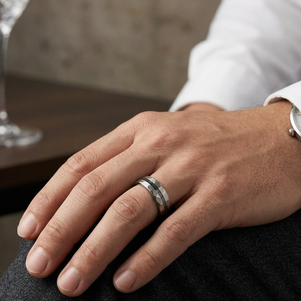 The Astra – Silver Hammered Tungsten Ring With Crushed Meteorite (4mm, 6mm, 8mm)