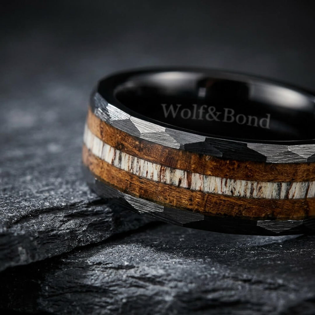 The Cairn – Black Hammered Tungsten Ring With Antler & Burnt Whisky Barrel (8mm)