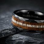 The Cairn – Black Hammered Tungsten Ring With Antler & Burnt Whisky Barrel (8mm)
