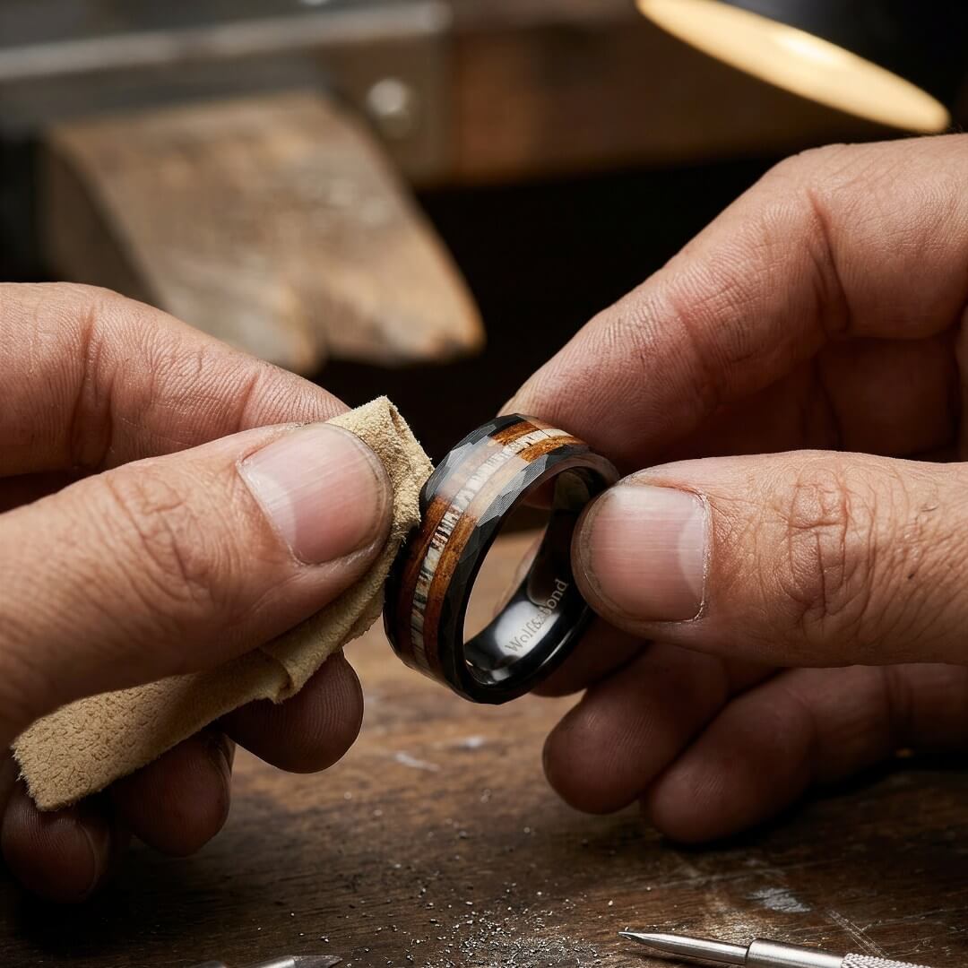 The Cairn – Black Hammered Tungsten Ring With Antler & Burnt Whisky Barrel (8mm)