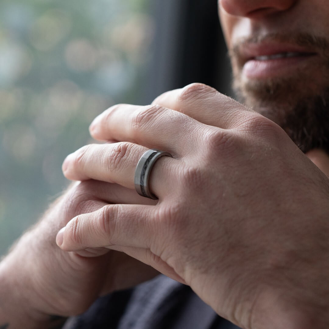 The Eclipse – Silver Smooth Tungsten Ring With Crushed Meteorite Inlay (4mm, 6mm, 8mm)