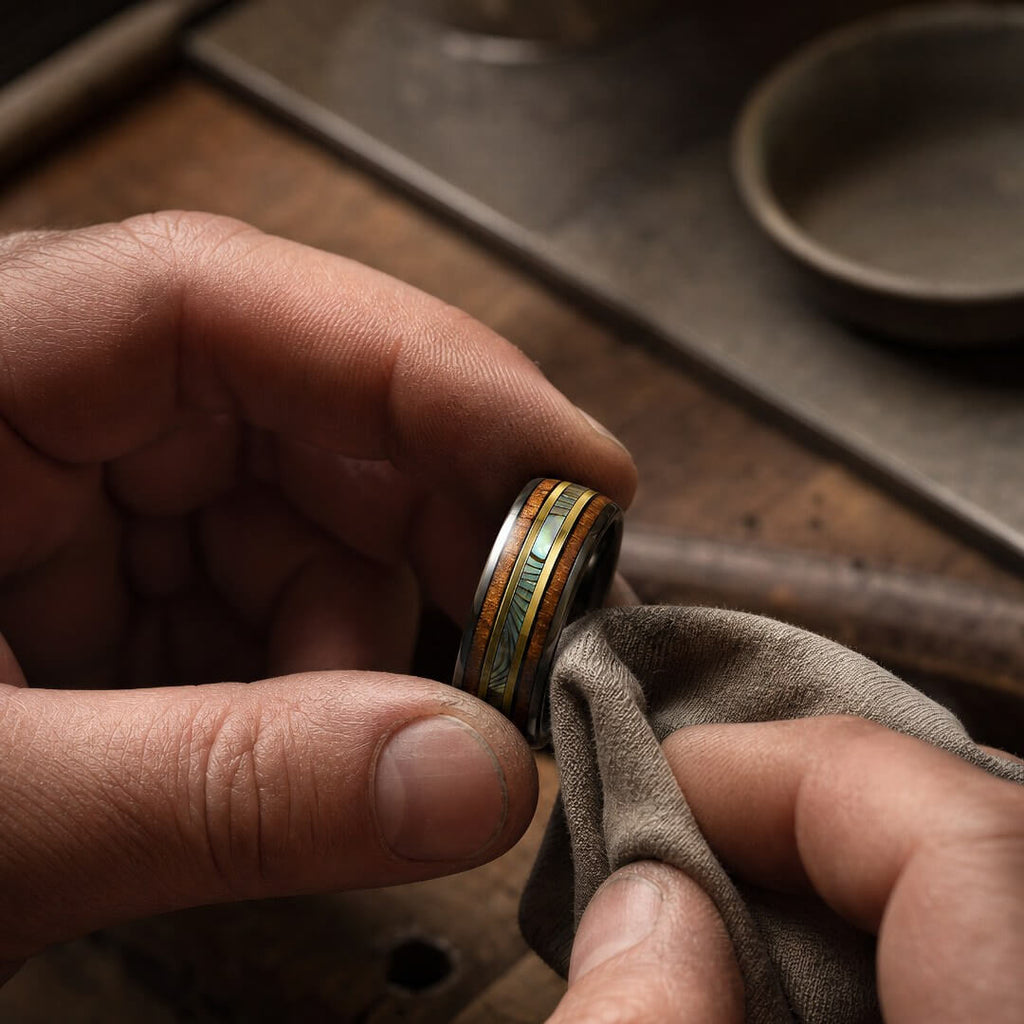 The Horizon – Black & Gold Tungsten Ring With Abalone Shell & Wood (6mm, 8mm)