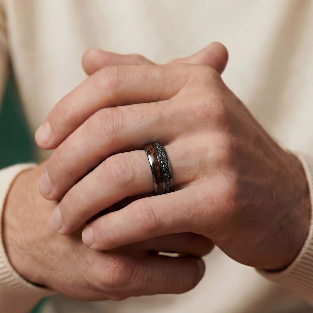 The Relic - Silver Tungsten Ring With Crushed Meteorite & Dinosaur Bone (6mm, 8mm)