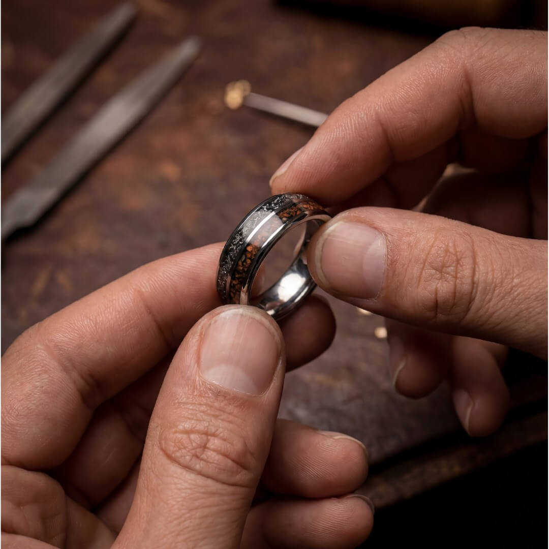 The Relic - Silver Tungsten Ring With Crushed Meteorite & Dinosaur Bone (6mm, 8mm)
