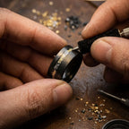 The Sol - Black Damascus Steel Ring With Crushed Meteorite & Gold Foil (4mm, 6mm, 8mm)
