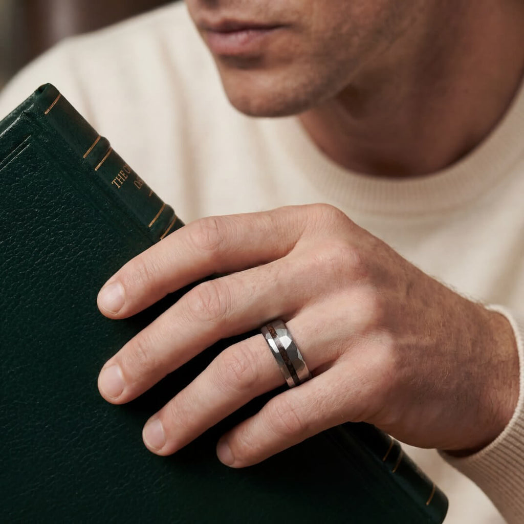 The Tyra – Silver Hammered Tungsten Ring With Crushed Dinosaur Bone (6mm, 8mm)