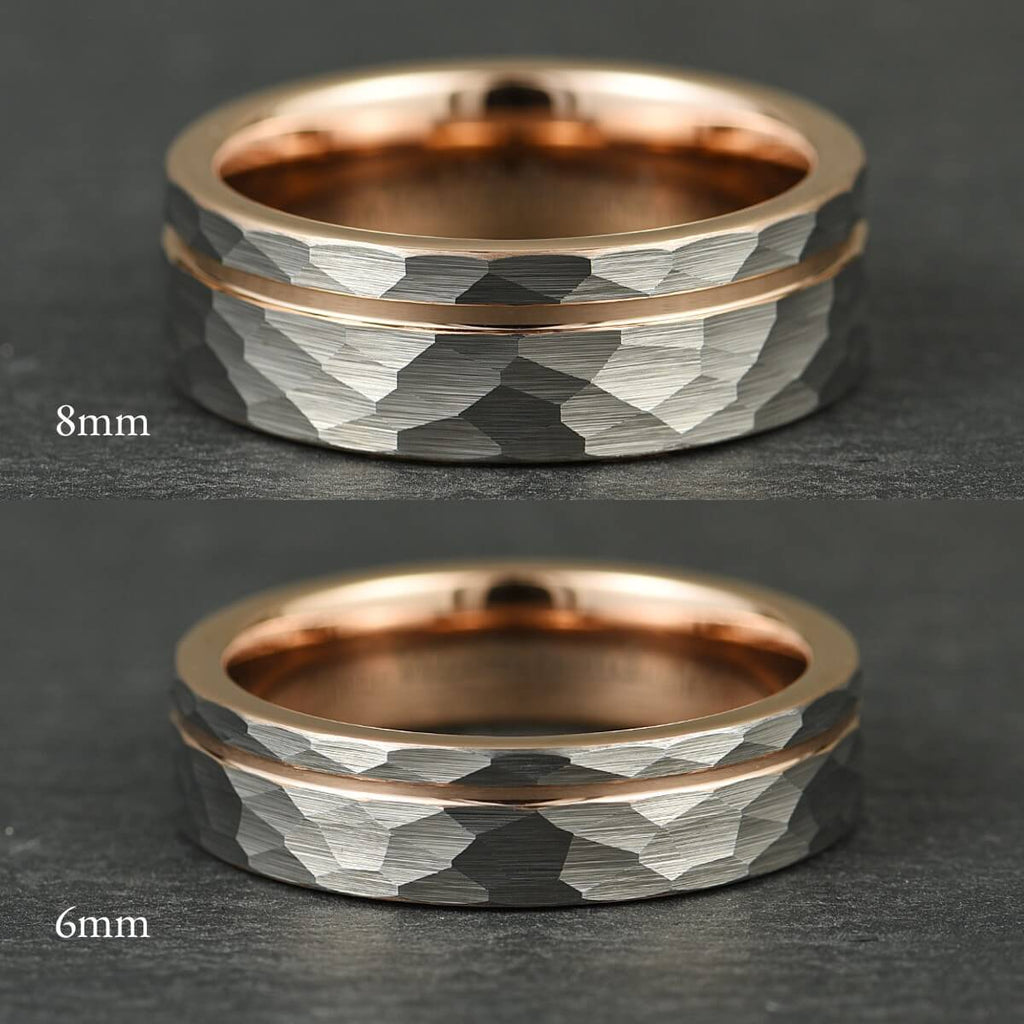 The Accord – Silver Tungsten Ring With Hammered Silver Finish & Rose Gold (6mm, 8mm)