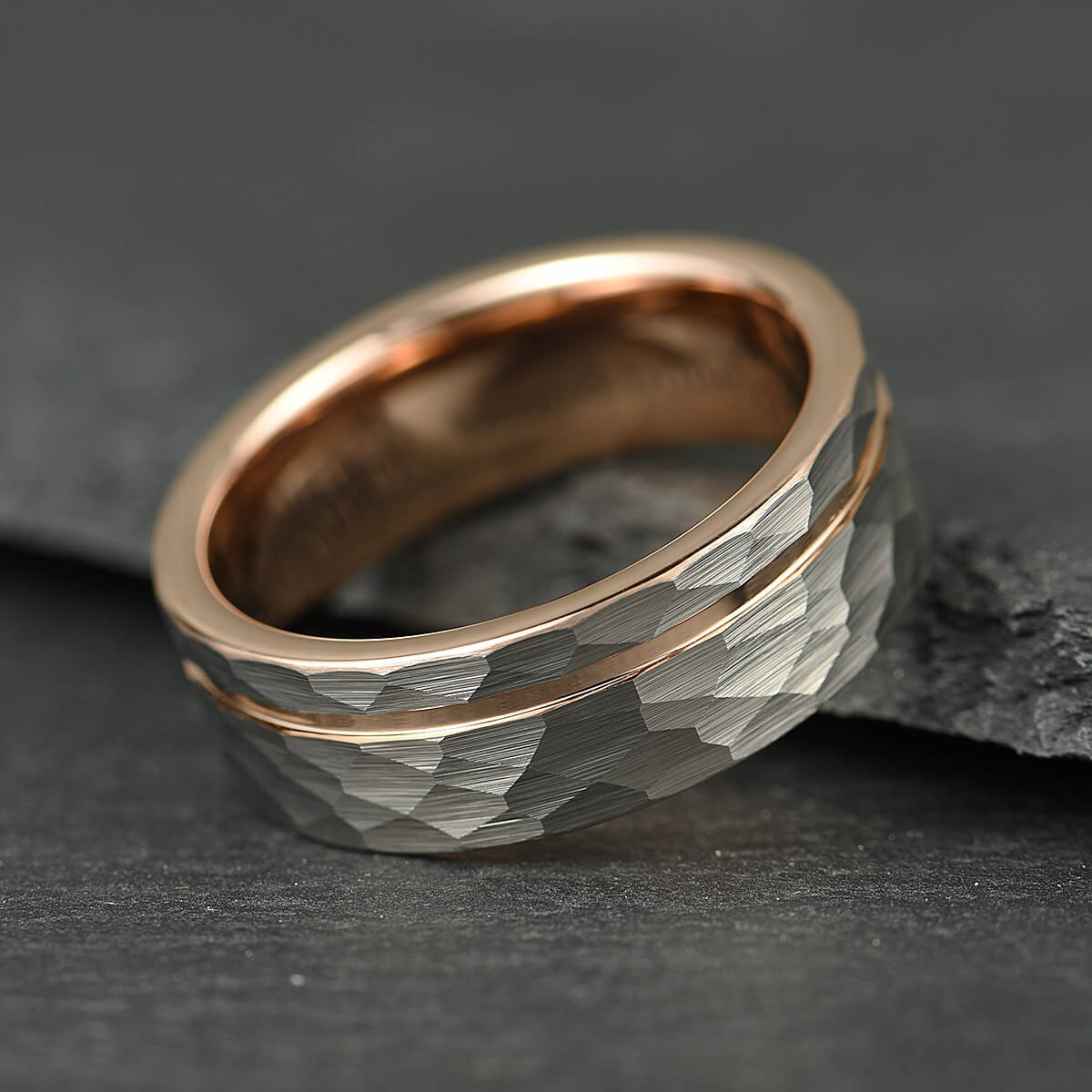 The Accord – Silver Tungsten Ring With Hammered Silver Finish & Rose Gold (6mm, 8mm)