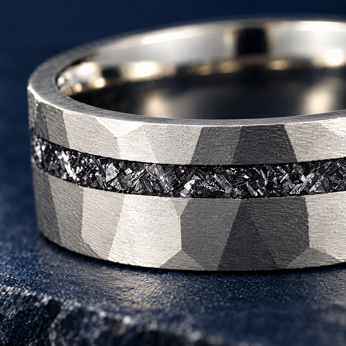 The Nova silver tungsten ring, close-up of the meteorite inlay