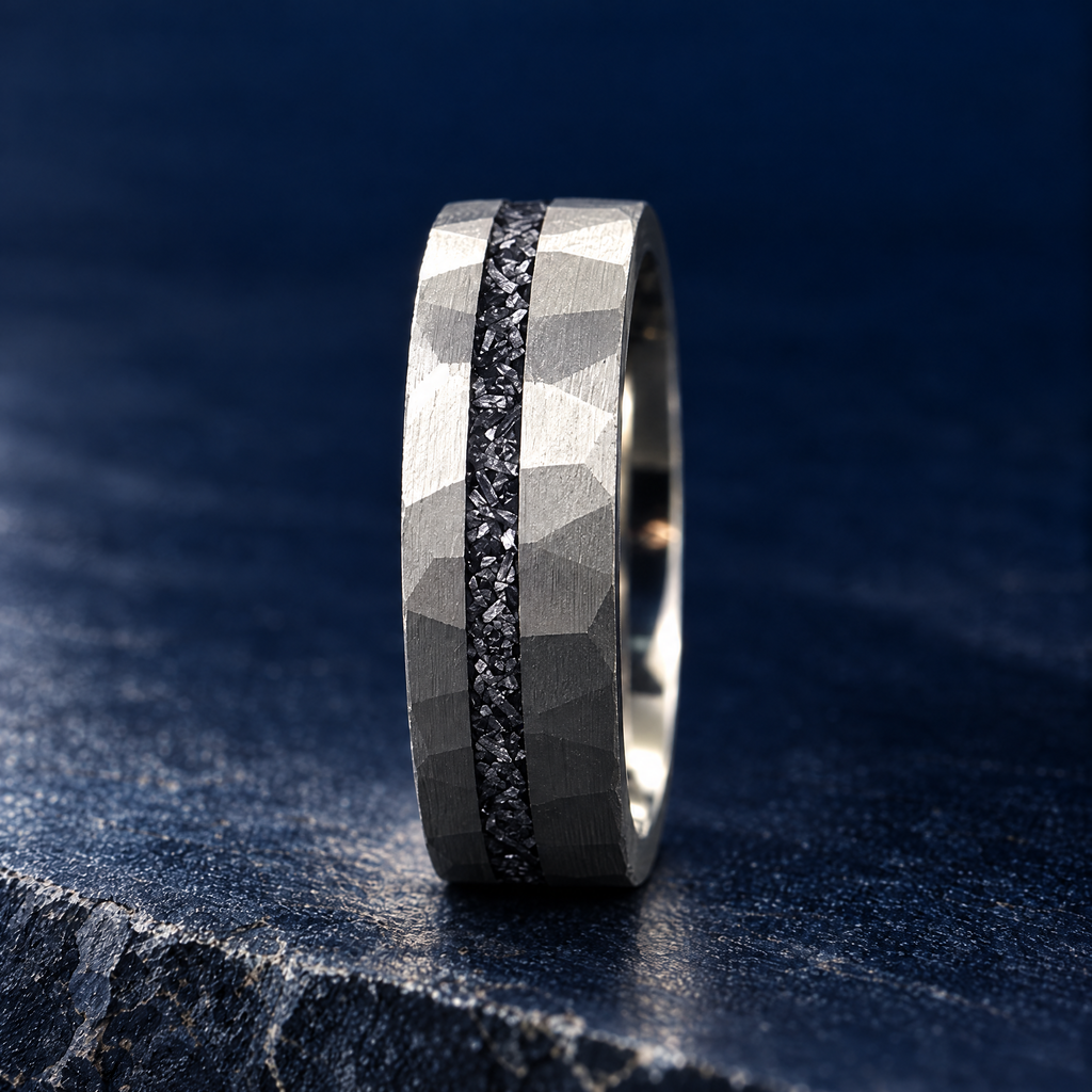 The Nova silver tungsten ring with meteorite inlay, upright side view