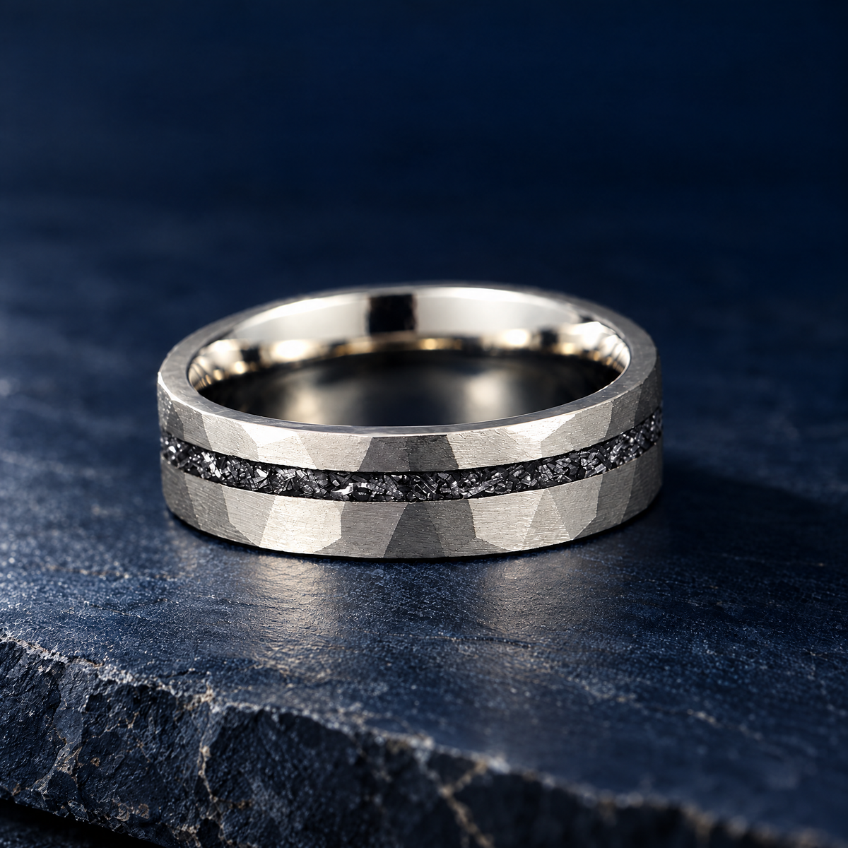 The Nova silver tungsten ring with meteorite inlay, flat view, 6mm width