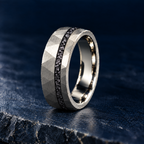 The Nova silver titanium ring with meteorite inlay, standing view, 8mm