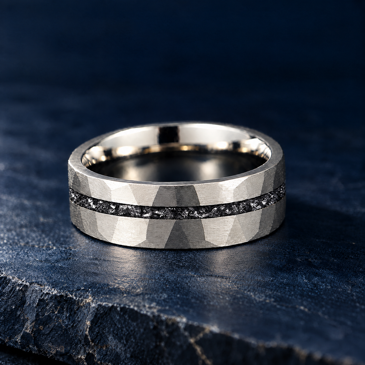 The Nova silver tungsten ring with meteorite inlay, flat view, 8mm width