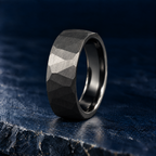 The Blackstone black tungsten ring, standing view, 8mm