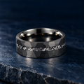 The Midnight black tungsten ring with meteorite inlay, flat view, 8mm width