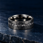 The Midnight black tungsten ring with meteorite inlay, flat view, 8mm width