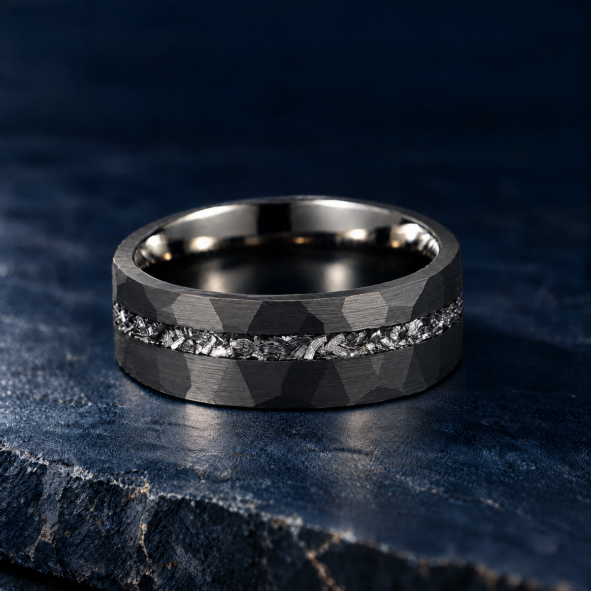 The Midnight black tungsten ring with meteorite inlay, flat view, 8mm width