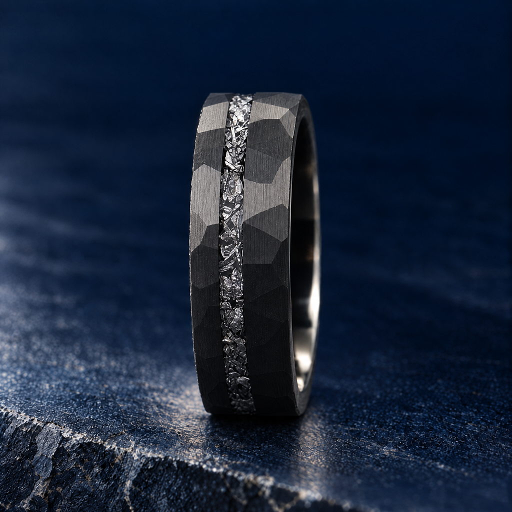 The Midnight black tungsten ring with meteorite inlay, upright side view