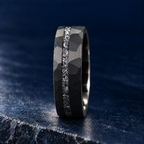 The Midnight black tungsten ring with meteorite inlay, upright side view